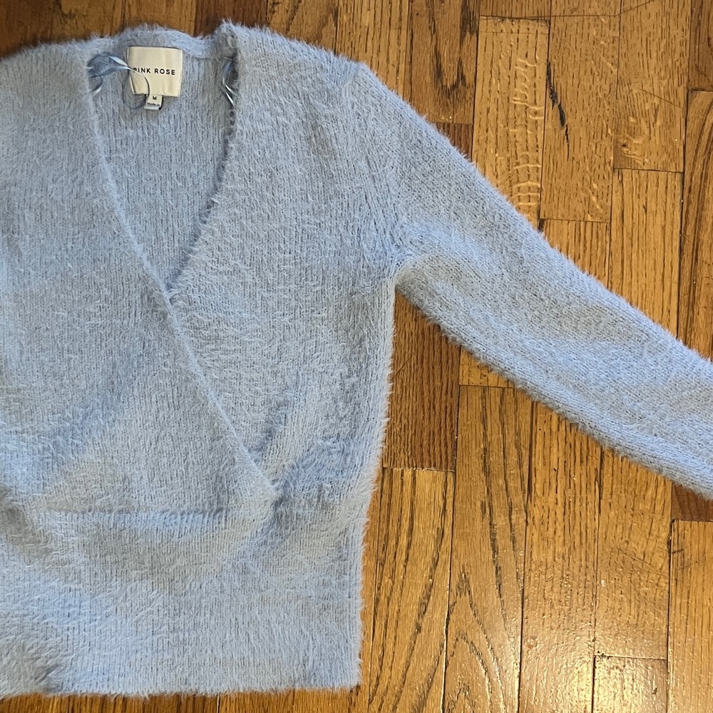Pink Rose Light Blue Fuzzy V-Neck Sweater
